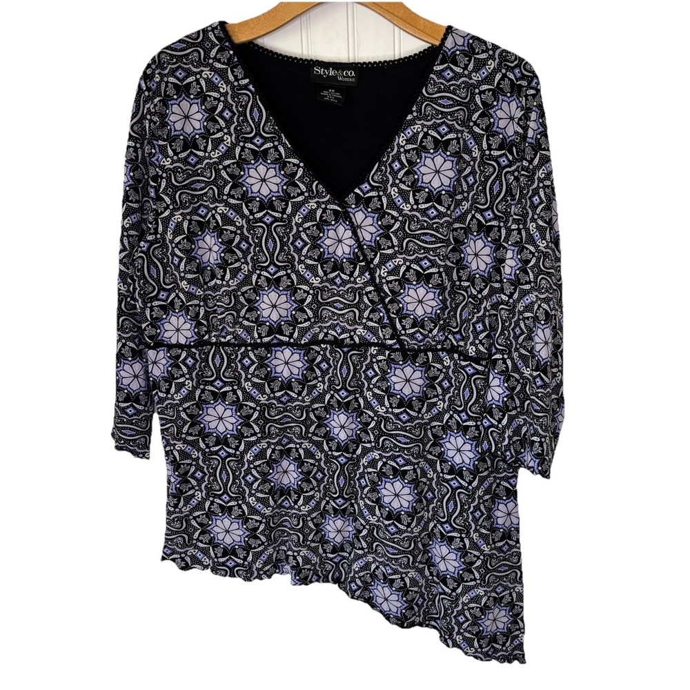 Style & Co Y2K Baby‎ Doll Shirt Top 2X Black Blue Geo Floral Asymmetrical Hem
